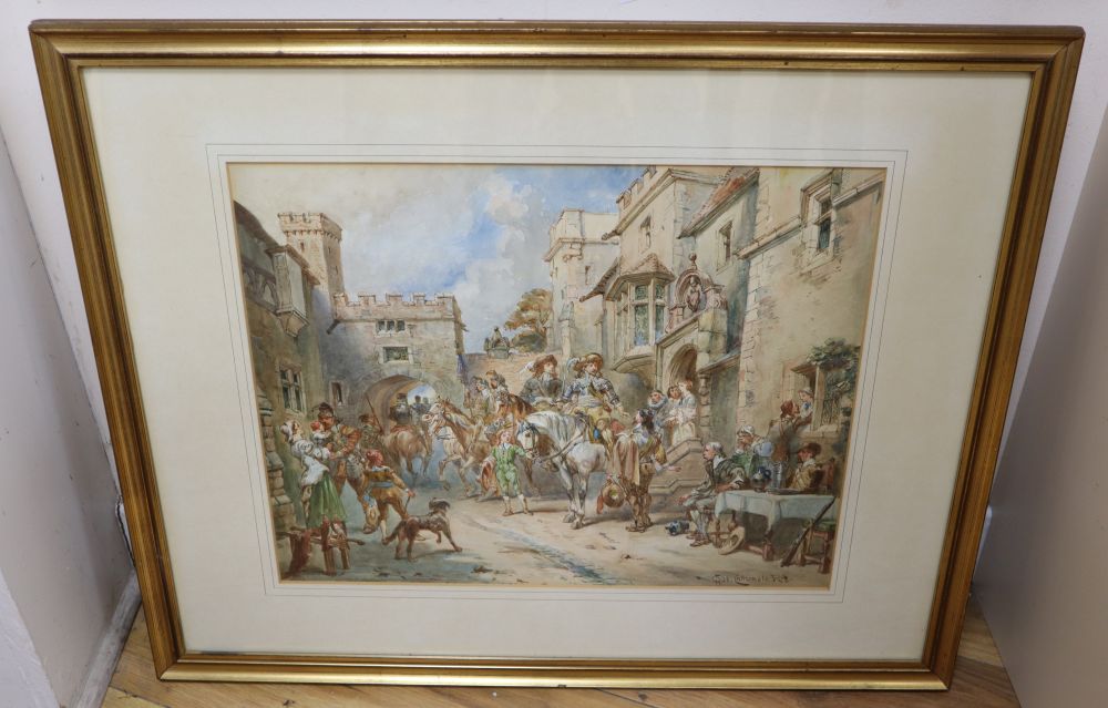 Charles Cattermole (1832-1900), Street scene with equestrian and other figures, signed, watercolour and two other pictures